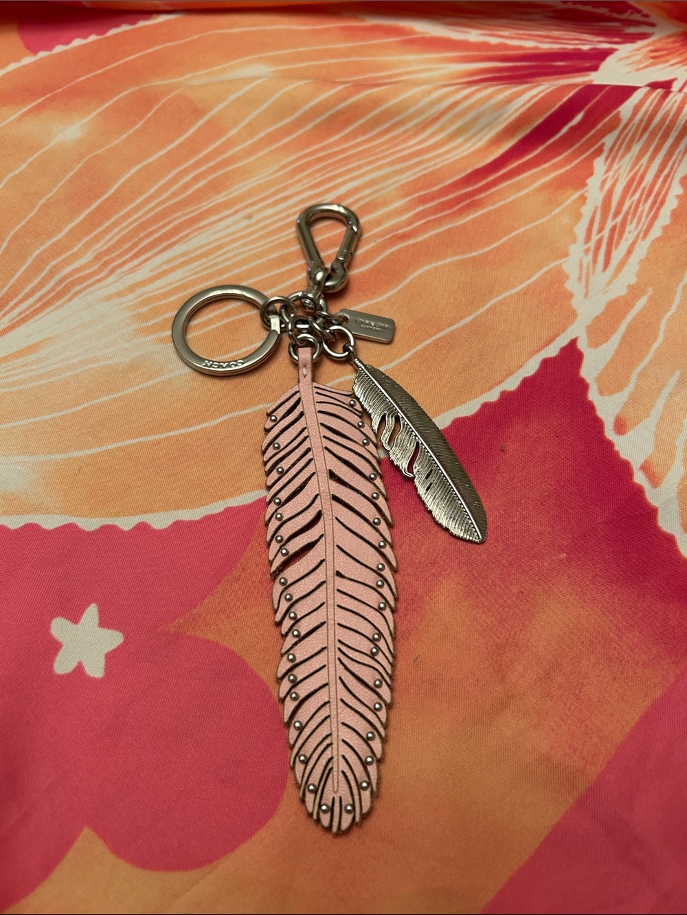Coach Pink Feather Keyring with Silver Feather Charm